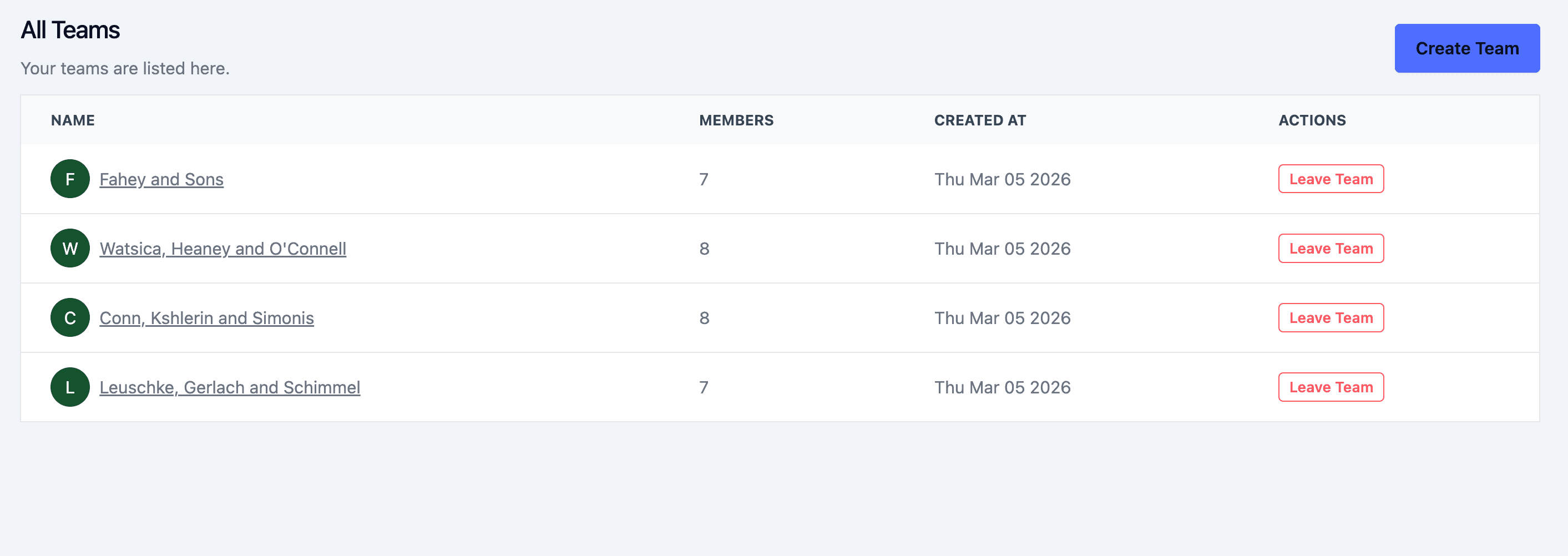 Team settings view